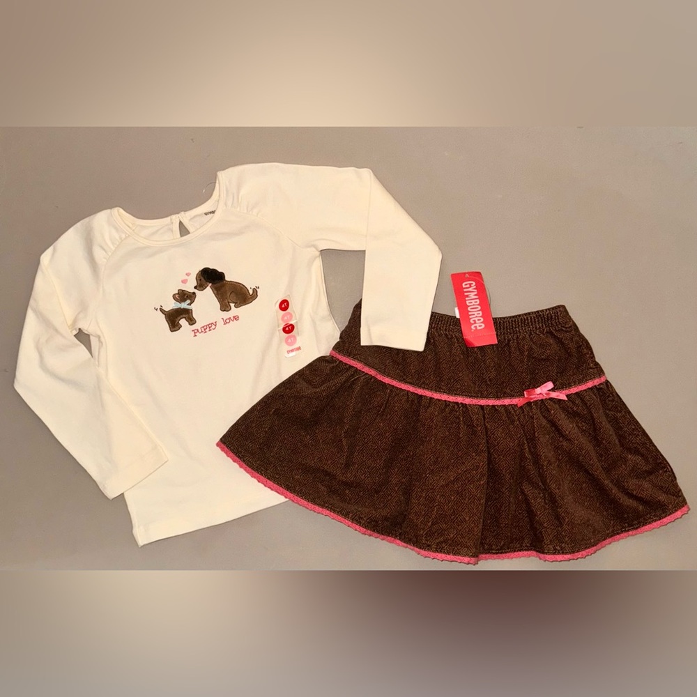 NEW Gymboree girls Outfit 4 shirt skirt Primrose brown Skort cream puppy top tee